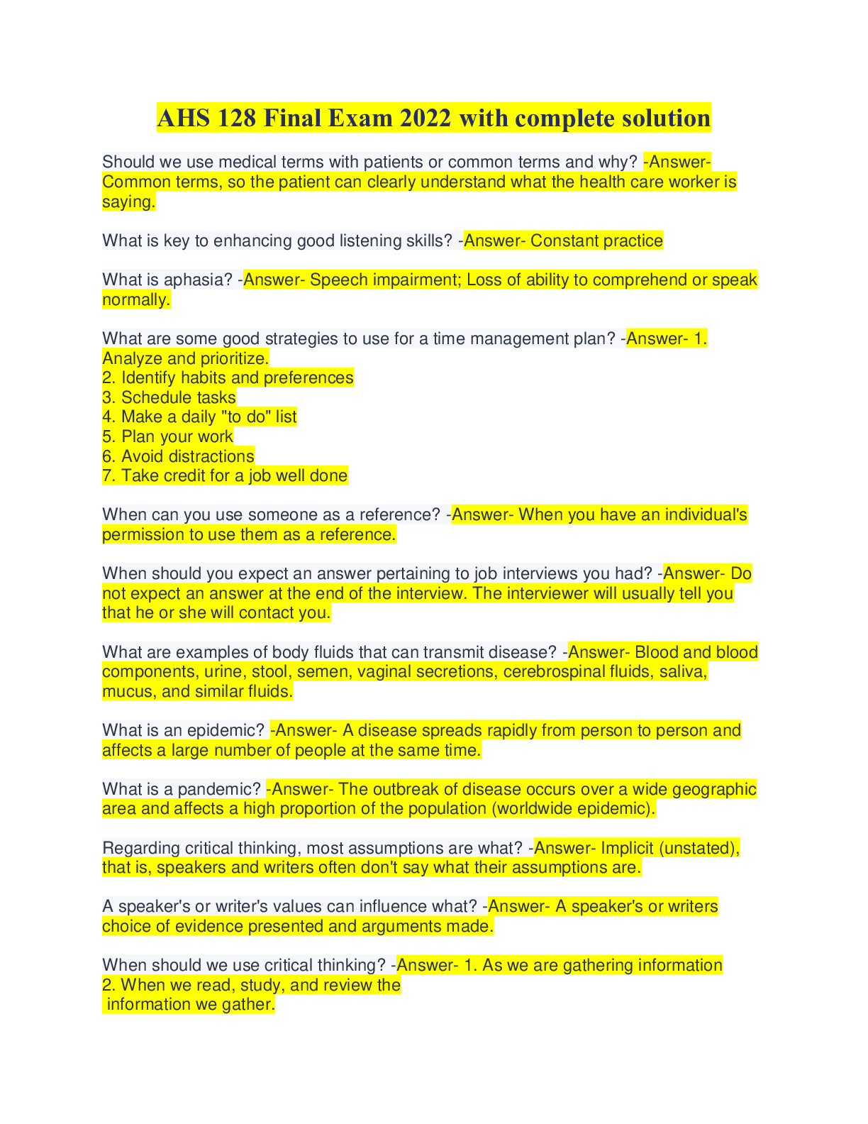 Preview image for AHS 128 Final Exam 2022 with complete solution